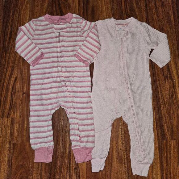 5 for $25 Cloud Island Solid Pink and Striped Pink Footless Thermal Zipper Rompe - Picture 1 of 5